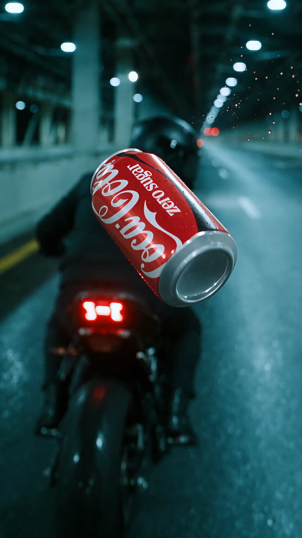 Coca-Cola Zero Sugar can flying through a motorcycle pursuit