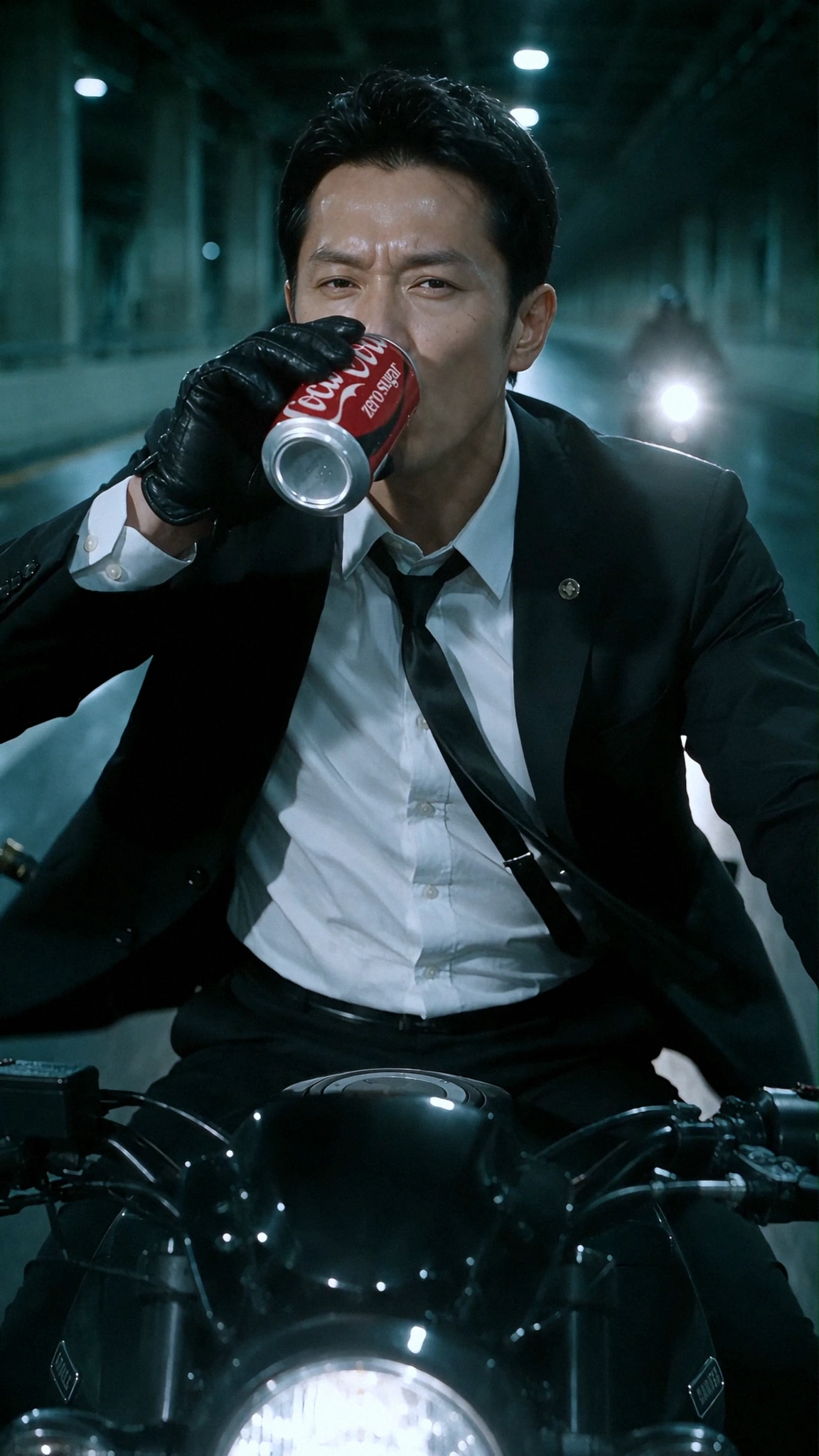 Japanese salaryman drinking Coca-Cola Zero Sugar while riding a motorcycle