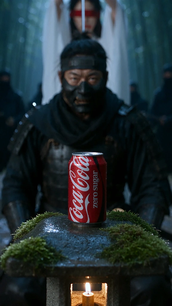 Samurai standing behind a Coca-Cola Zero Sugar can