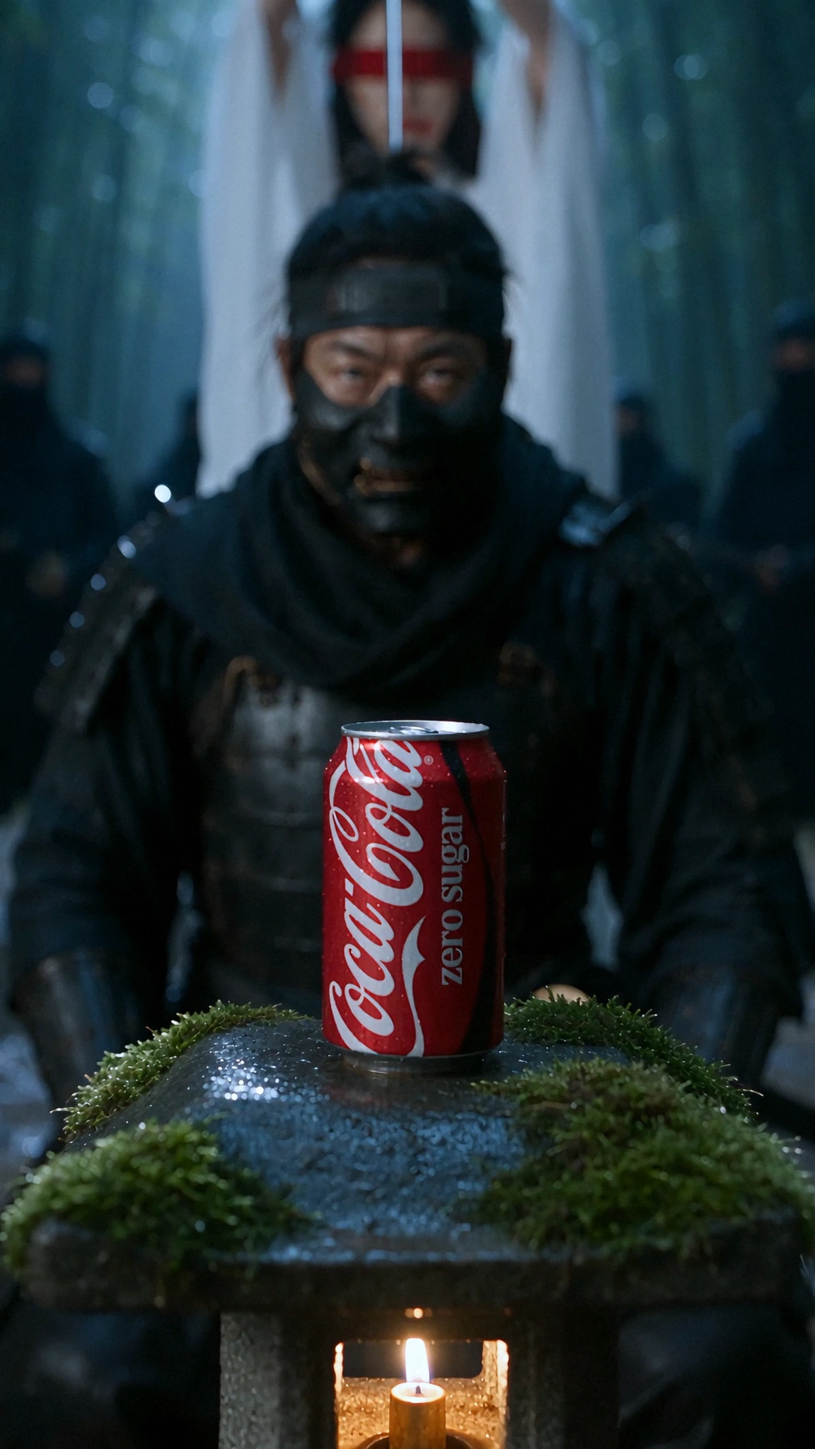 Samurai standing behind a Coca-Cola Zero Sugar can