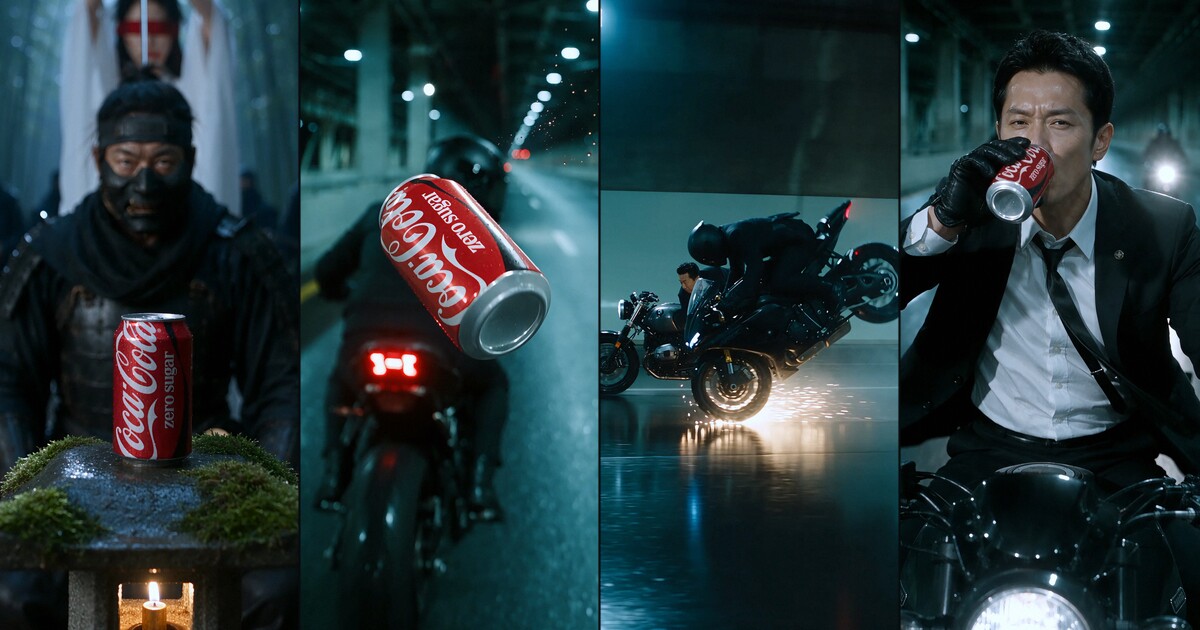 Four scenes from CASUEL STUDIOS' independent Coca-Cola Zero Sugar concept film