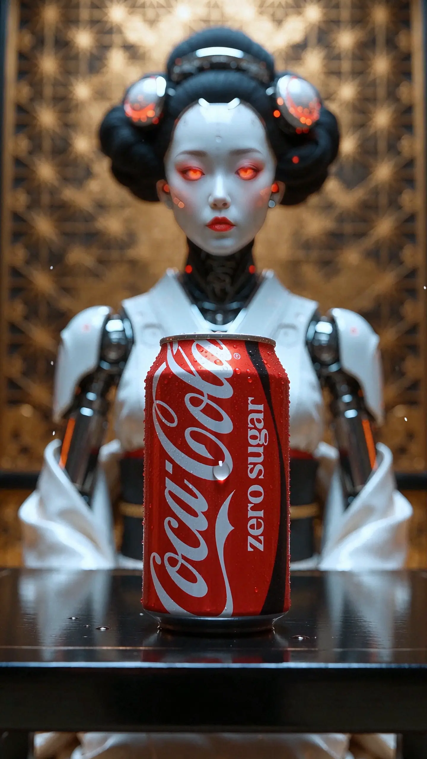 Coca-Cola Zero Sugar can presented by a futuristic cyber geisha