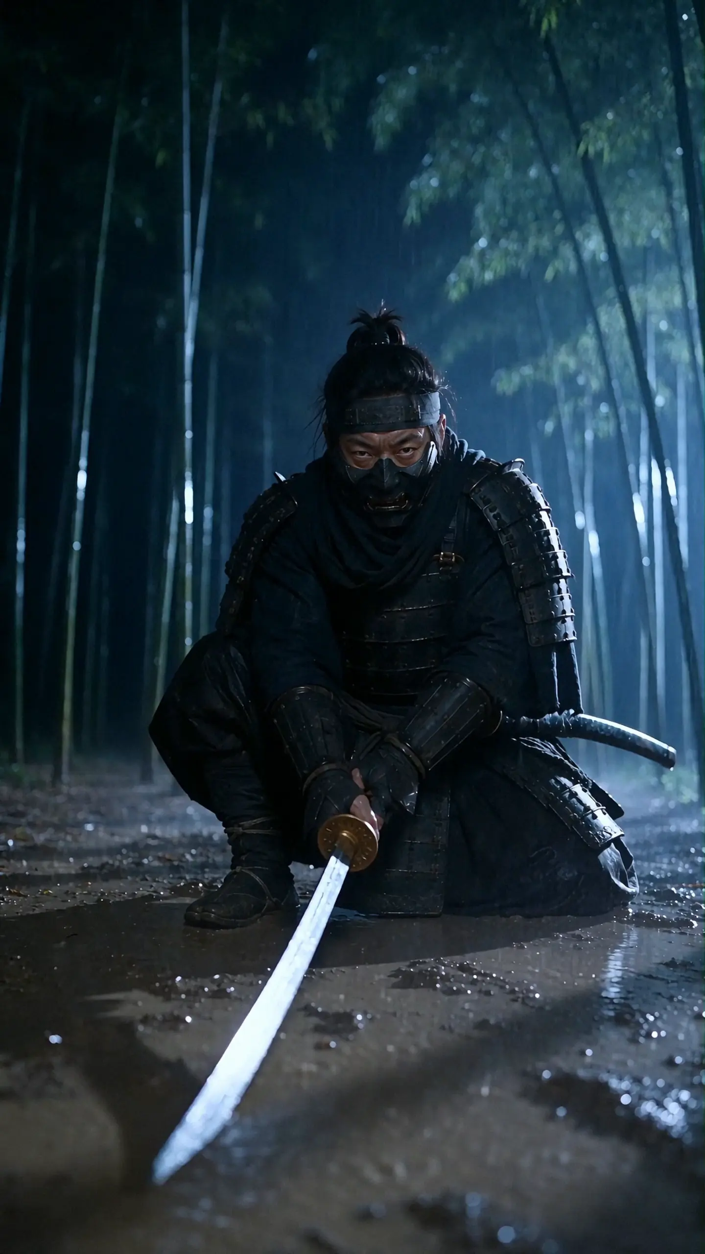 Armoured samurai drawing a blade in a rain-soaked bamboo forest